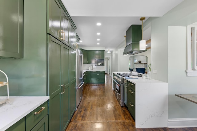605 Home Ave, Oak Park, IL 60304 - kitchen with green cabinets, island exhaust hood, high end appliances, dark wood-style flooring, and recessed lighting