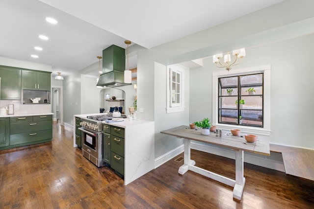 605 Home Ave, Oak Park, IL 60304 - kitchen featuring green cabinetry, stainless steel range, ventilation hood, light countertops, and dark wood-style flooring