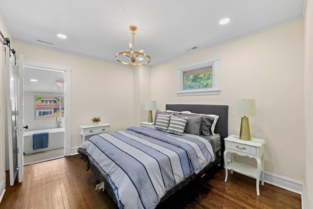 605 Home Ave, Oak Park, IL 60304 - bedroom featuring wood-type flooring, a chandelier, a barn door, recessed lighting, and crown molding