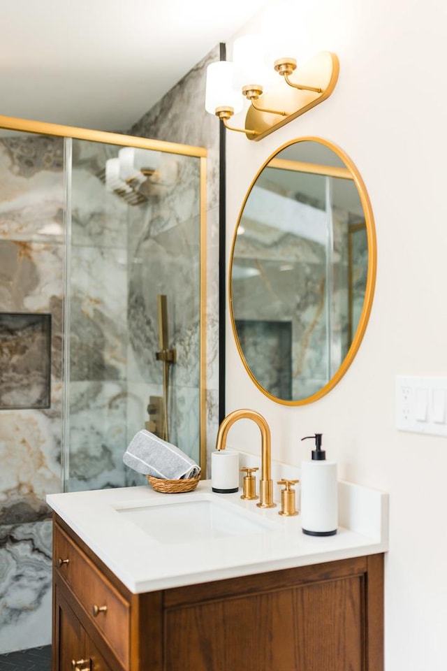 605 Home Ave, Oak Park, IL 60304 - full bath featuring vanity, a shower stall, and a chandelier