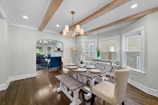 605 Home Ave, Oak Park, IL 60304 - dining room featuring a chandelier, beam ceiling, wood finished floors, recessed lighting, and ornamental molding