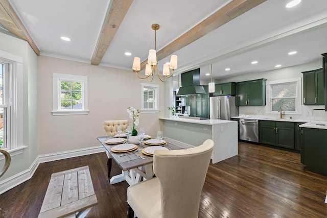 605 Home Ave, Oak Park, IL 60304 - dining area featuring beam ceiling, a chandelier, dark wood-type flooring, and recessed lighting