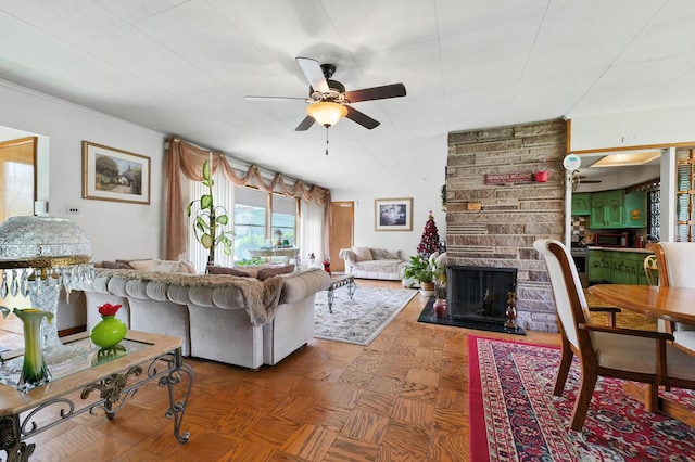 16632 Emerald Ave, Harvey, IL 60426 - living area with ceiling fan and a stone fireplace