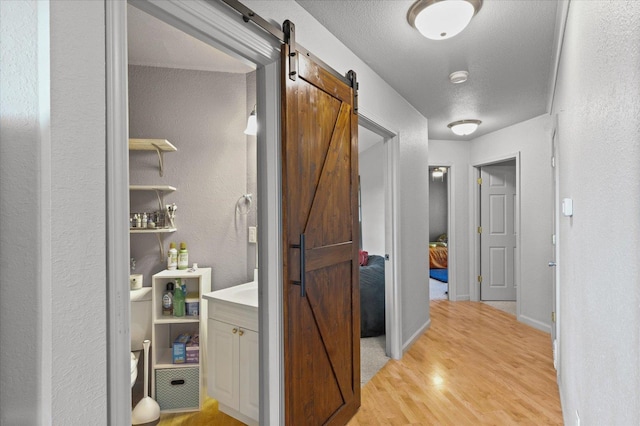21 County Road 1200 N, Neoga, IL 62447 - hall featuring a barn door, light wood-style flooring, and a textured wall