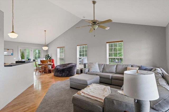 21 County Road 1200 N, Neoga, IL 62447 - living room with light wood-style floors, a ceiling fan, and high vaulted ceiling