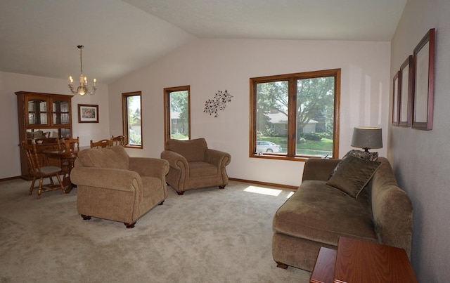 6924 Cody Ln, Rockford, IL 61107 - living area featuring a chandelier, lofted ceiling, healthy amount of natural light, and light carpet