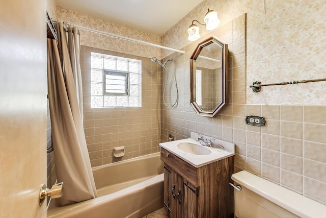210 N Russel St, Mount Prospect, IL 60056 - full bathroom featuring shower / bathtub combination with curtain, vanity, and tile walls