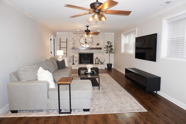 4452 N Newland Ave, Harwood Heights, IL 60706 - living room with ceiling fan, a fireplace, crown molding, and dark wood-type flooring