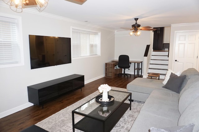 4452 N Newland Ave, Harwood Heights, IL 60706 - living area featuring ornamental molding, wood finished floors, ceiling fan, stairway, and a desk