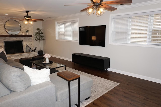 4452 N Newland Ave, Harwood Heights, IL 60706 - living area featuring ceiling fan, ornamental molding, a fireplace, and wood finished floors