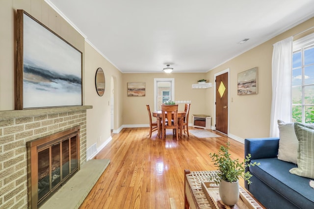 137 School St, Grayslake, IL 60030 - living area featuring light wood finished floors, plenty of natural light, crown molding, and a fireplace