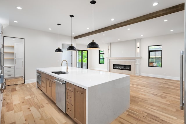 223 Center St, Naperville, IL 60540 - kitchen featuring dishwasher, light wood-style floors, recessed lighting, a large island, and beamed ceiling