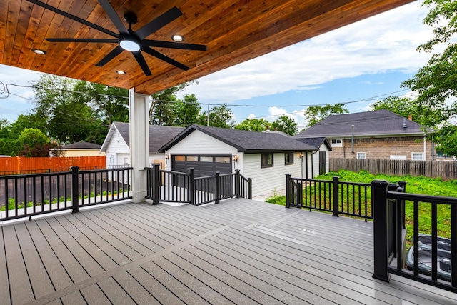 223 Center St, Naperville, IL 60540 - wooden terrace featuring an outbuilding, a fenced backyard, and ceiling fan