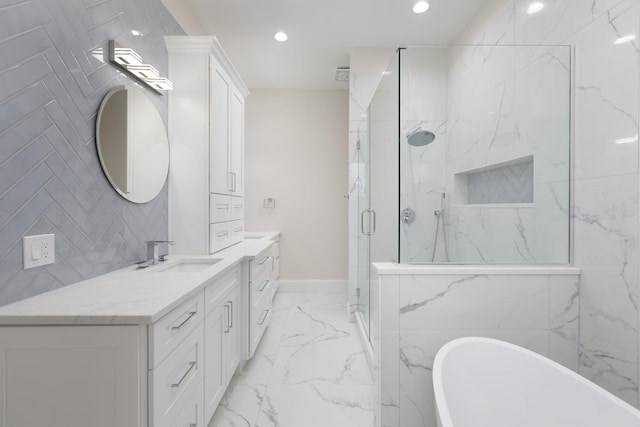 223 Center St, Naperville, IL 60540 - bathroom featuring vanity, marble finish flooring, a marble finish shower, a freestanding bath, and recessed lighting