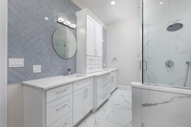 223 Center St, Naperville, IL 60540 - bathroom featuring marble look tiles, a marble finish shower, double vanity, recessed lighting, and tasteful backsplash