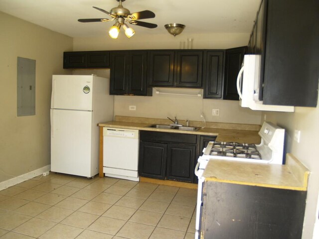 22340 Chappel Ave, Sauk Village, IL 60411 - kitchen with white appliances, electric panel, light countertops, ceiling fan, and light tile patterned floors