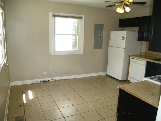 22340 Chappel Ave, Sauk Village, IL 60411 - kitchen with electric panel, white appliances, a ceiling fan, light tile patterned floors, and light countertops