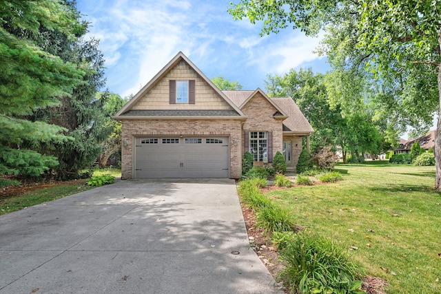 300 Village Ln, Seneca, IL 61360 - craftsman-style house featuring a garage, brick siding, a front lawn, concrete driveway, and a shingled roof