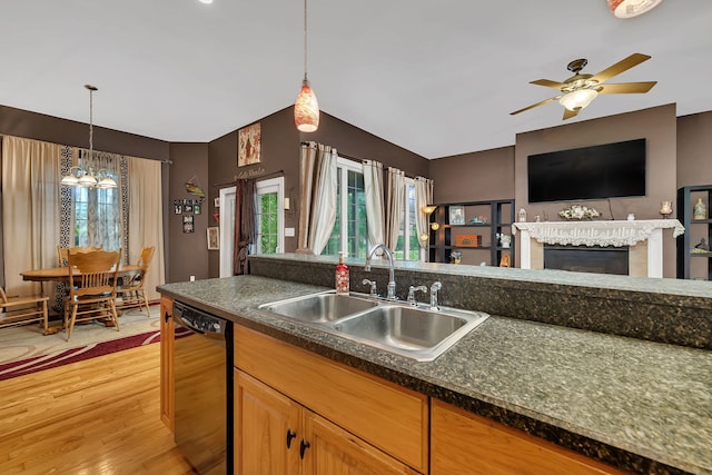 300 Village Ln, Seneca, IL 61360 - kitchen featuring dishwasher, a chandelier, light wood-style floors, ceiling fan, and pendant lighting