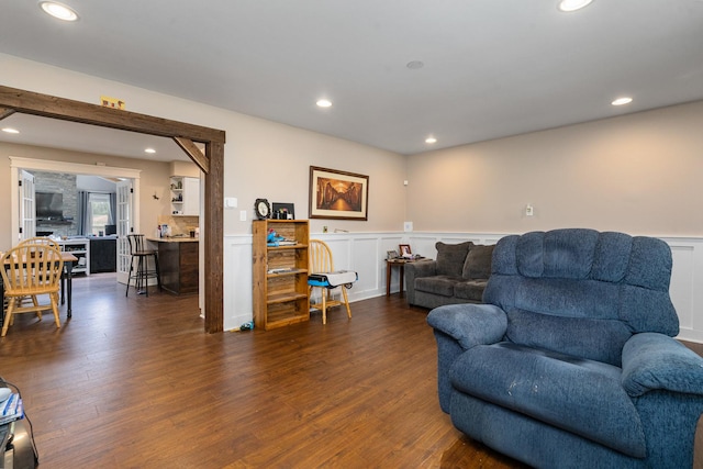 16000 Long Ave, Oak Forest, IL 60452 - living area with a wainscoted wall, recessed lighting, dark wood-style flooring, and a decorative wall