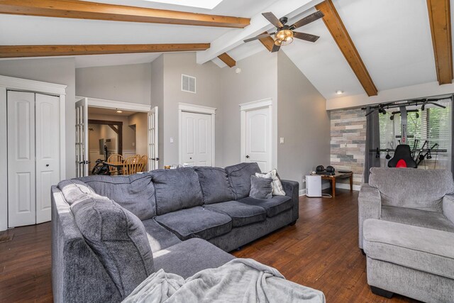 16000 Long Ave, Oak Forest, IL 60452 - living room with high vaulted ceiling, wood finished floors, beamed ceiling, and ceiling fan