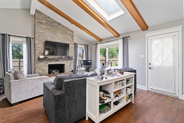 16000 Long Ave, Oak Forest, IL 60452 - living area with a skylight, beam ceiling, dark wood finished floors, a stone fireplace, and high vaulted ceiling