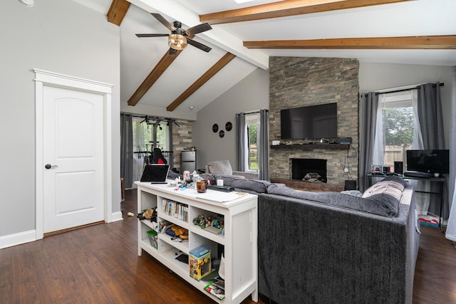 16000 Long Ave, Oak Forest, IL 60452 - living area with ceiling fan, plenty of natural light, dark wood-style floors, beamed ceiling, and a stone fireplace