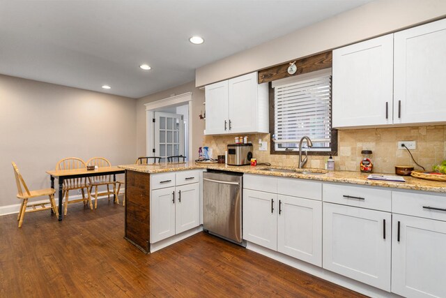 16000 Long Ave, Oak Forest, IL 60452 - kitchen featuring dishwasher, a peninsula, dark wood-type flooring, white cabinetry, and recessed lighting