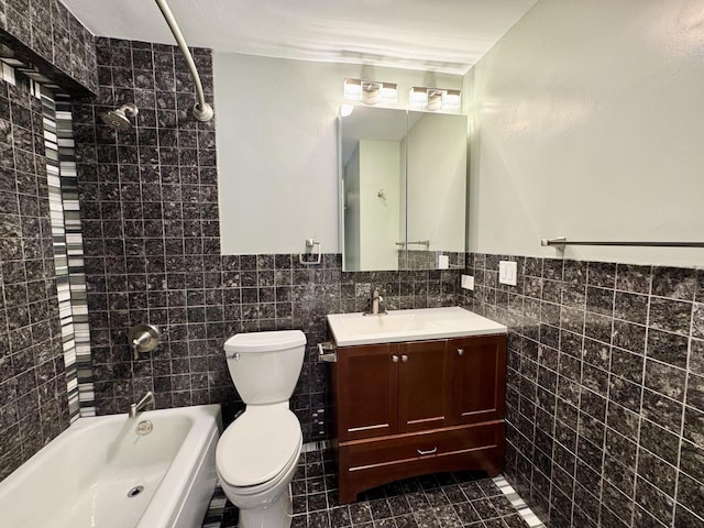 1850 N Clark St Unit 2706, Chicago, IL 60614 - full bathroom featuring tile walls, vanity, shower / bath combination, tile patterned flooring, and wainscoting