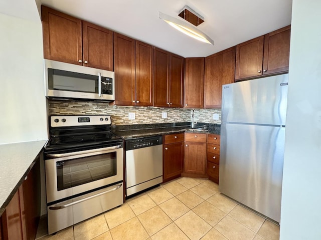 1850 N Clark St Unit 2706, Chicago, IL 60614 - kitchen featuring stainless steel appliances, light tile patterned flooring, decorative backsplash, and dark countertops