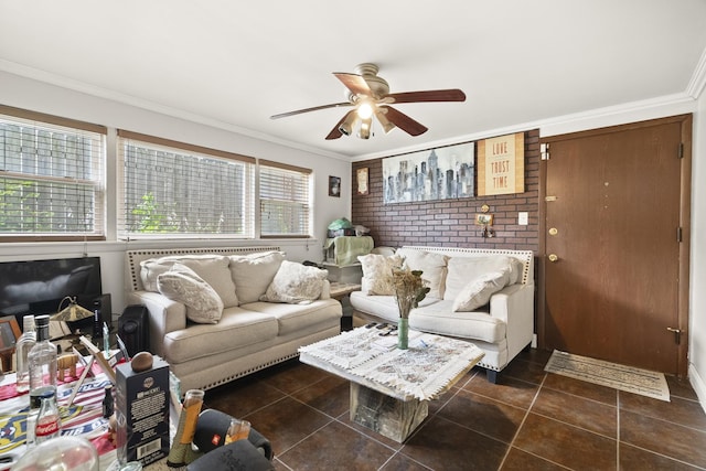 2730 N 74th Ct Unit Gw, Elmwood Park, IL 60707 - living room with a ceiling fan, ornamental molding, and dark tile patterned flooring