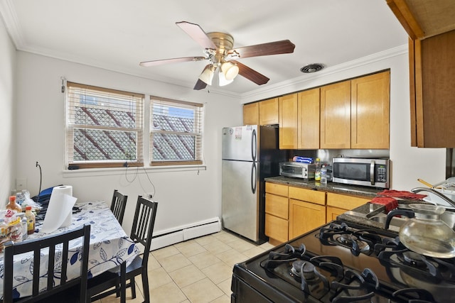 2730 N 74th Ct Unit Gw, Elmwood Park, IL 60707 - kitchen with appliances with stainless steel finishes, baseboard heating, light tile patterned flooring, a ceiling fan, and ornamental molding