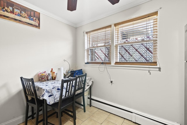 2730 N 74th Ct Unit Gw, Elmwood Park, IL 60707 - dining room with a baseboard radiator, ceiling fan, crown molding, and light tile patterned floors