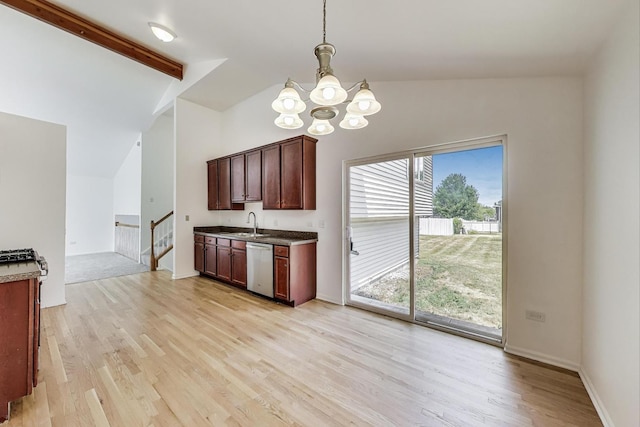 25651 S Middle Point Ave, Monee, IL 60449 - kitchen with a chandelier, light wood finished floors, hanging light fixtures, and dishwasher