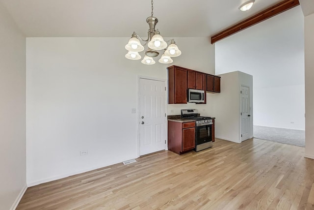 25651 S Middle Point Ave, Monee, IL 60449 - kitchen with appliances with stainless steel finishes, a chandelier, light wood-type flooring, high vaulted ceiling, and hanging light fixtures