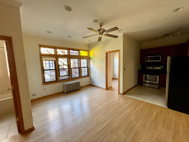 1127 W Farwell Ave Unit 106, Chicago, IL 60626 - unfurnished living room featuring radiator, ceiling fan, light wood-style floors, and crown molding