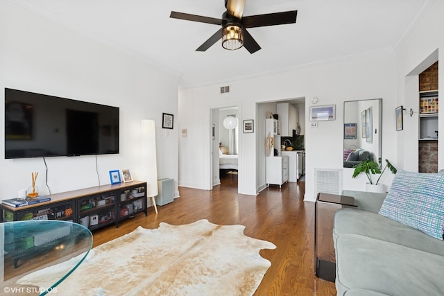 3555 W Lyndale St Unit 3B, Chicago, IL 60647 - living room featuring crown molding, a ceiling fan, and wood finished floors