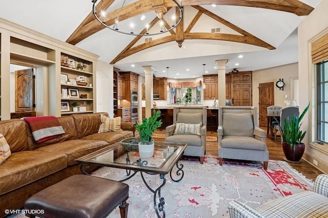 41W590 Bowgren Dr, Campton Hills, IL 60119 - living area with ornate columns, recessed lighting, beamed ceiling, high vaulted ceiling, and wood finished floors