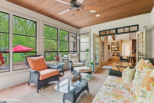 41W590 Bowgren Dr, Campton Hills, IL 60119 - living area with french doors, wooden ceiling, and a ceiling fan