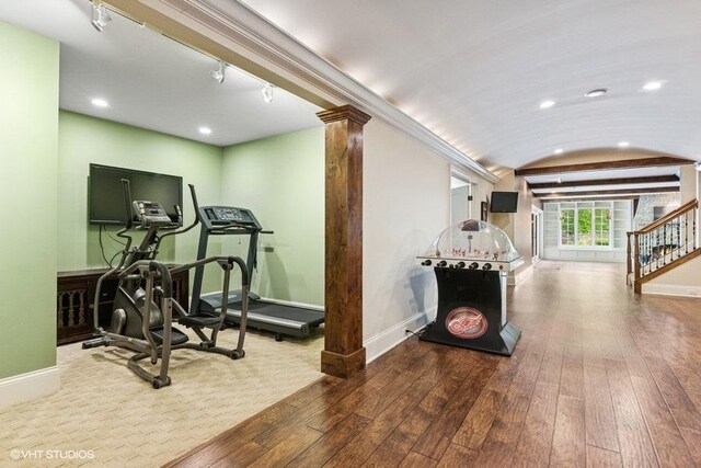 41W590 Bowgren Dr, Campton Hills, IL 60119 - exercise room featuring hardwood / wood-style flooring, recessed lighting, vaulted ceiling, and decorative columns