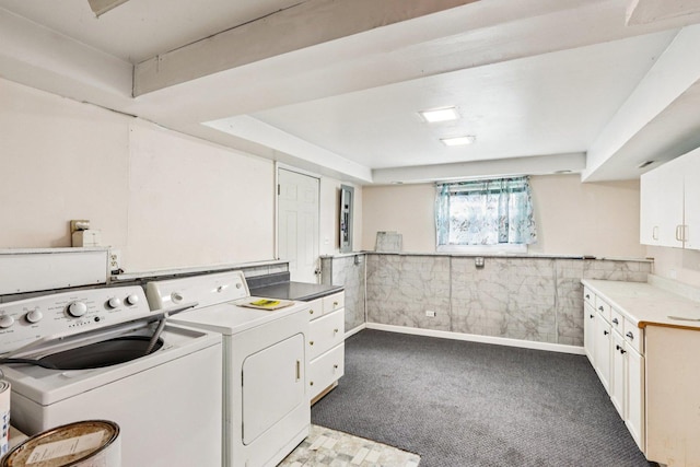 602 Daisy Ln, Round Lake Beach, IL 60073 - washroom with washing machine and clothes dryer, dark carpet, and cabinet space