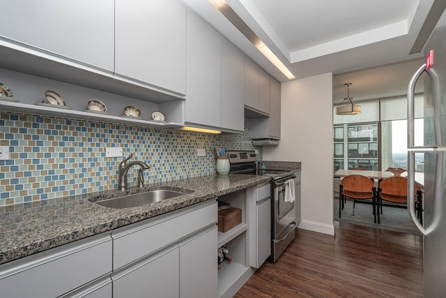 5455 N Sheridan Rd Unit 3512, Chicago, IL 60640 - kitchen featuring stainless steel appliances, open shelves, a tray ceiling, and backsplash