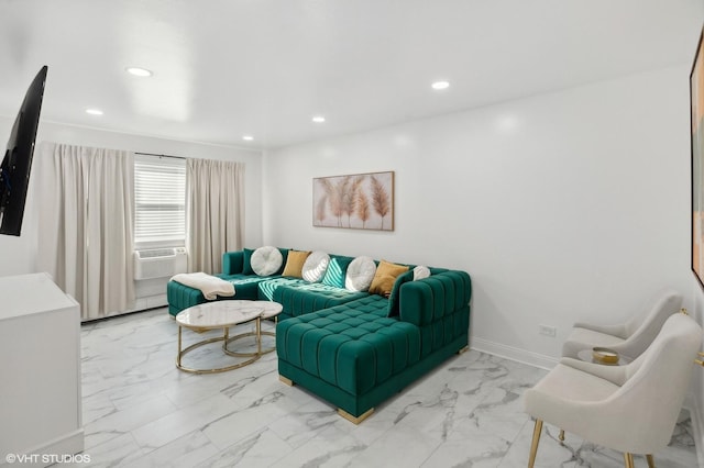 5950 N Kenmore Ave Unit 306, Chicago, IL 60660 - living area with light marble finish floors, cooling unit, and recessed lighting