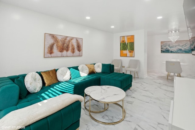 5950 N Kenmore Ave Unit 306, Chicago, IL 60660 - living room featuring light marble finish flooring, a chandelier, and recessed lighting