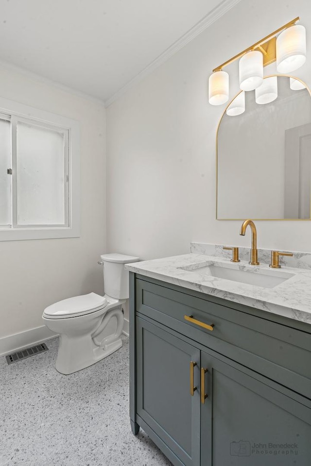 154 Newton Ave, Glen Ellyn, IL 60137 - bathroom featuring vanity, ornamental molding, and speckled floor