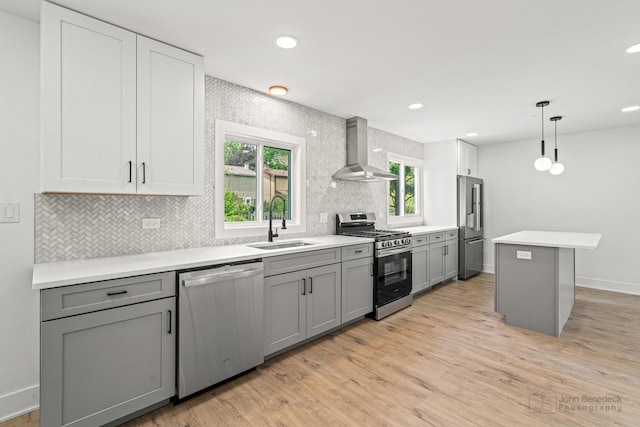 154 Newton Ave, Glen Ellyn, IL 60137 - kitchen featuring stainless steel appliances, wall chimney exhaust hood, gray cabinetry, backsplash, and light wood finished floors