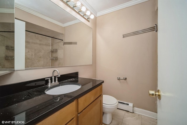 1508 W Pratt Blvd Unit 2C, Chicago, IL 60626 - full bath with a baseboard heating unit, crown molding, vanity, tile patterned flooring, and a shower