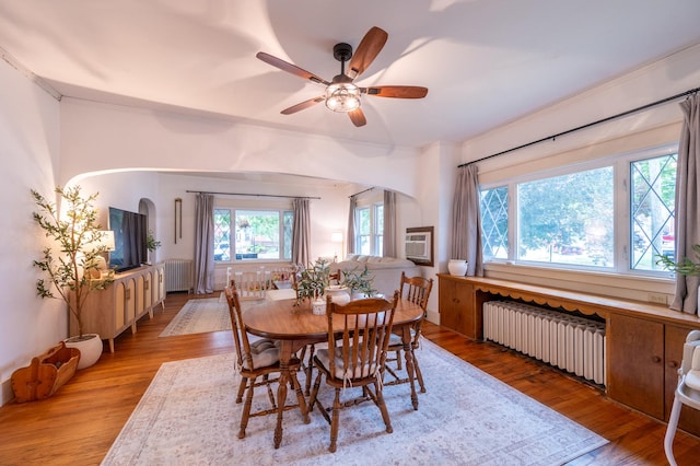 102 E Front St, Mount Morris, IL 61054 - dining space featuring radiator heating unit, a ceiling fan, and wood finished floors