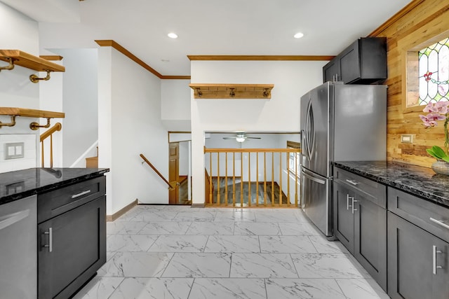 2946 W 102nd St, Evergreen Park, IL 60805 - kitchen featuring open shelves, freestanding refrigerator, dark stone counters, a ceiling fan, and ornamental molding
