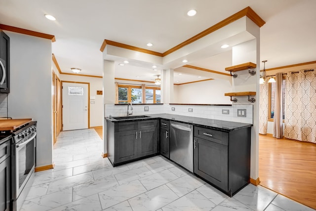 2946 W 102nd St, Evergreen Park, IL 60805 - kitchen featuring appliances with stainless steel finishes, crown molding, dark stone countertops, open shelves, and recessed lighting